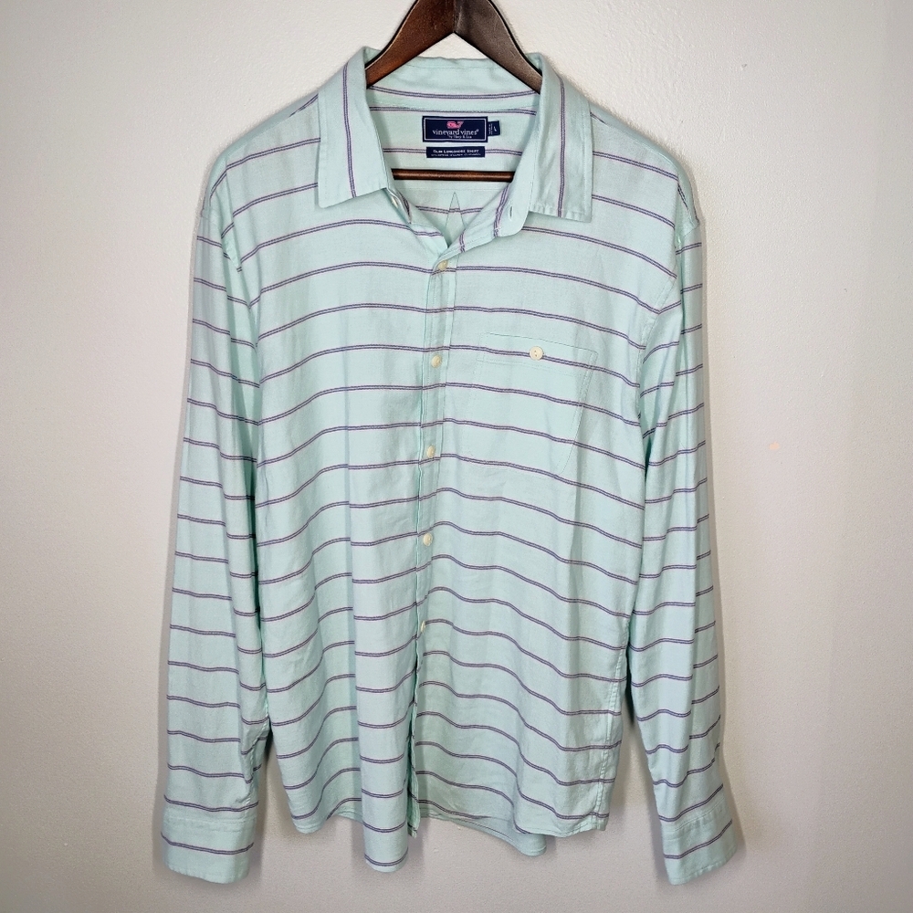 Vineyard Vines Slim Longshore‎ Shirt Long Sleeve Blue Stripes Pocket Mens Large